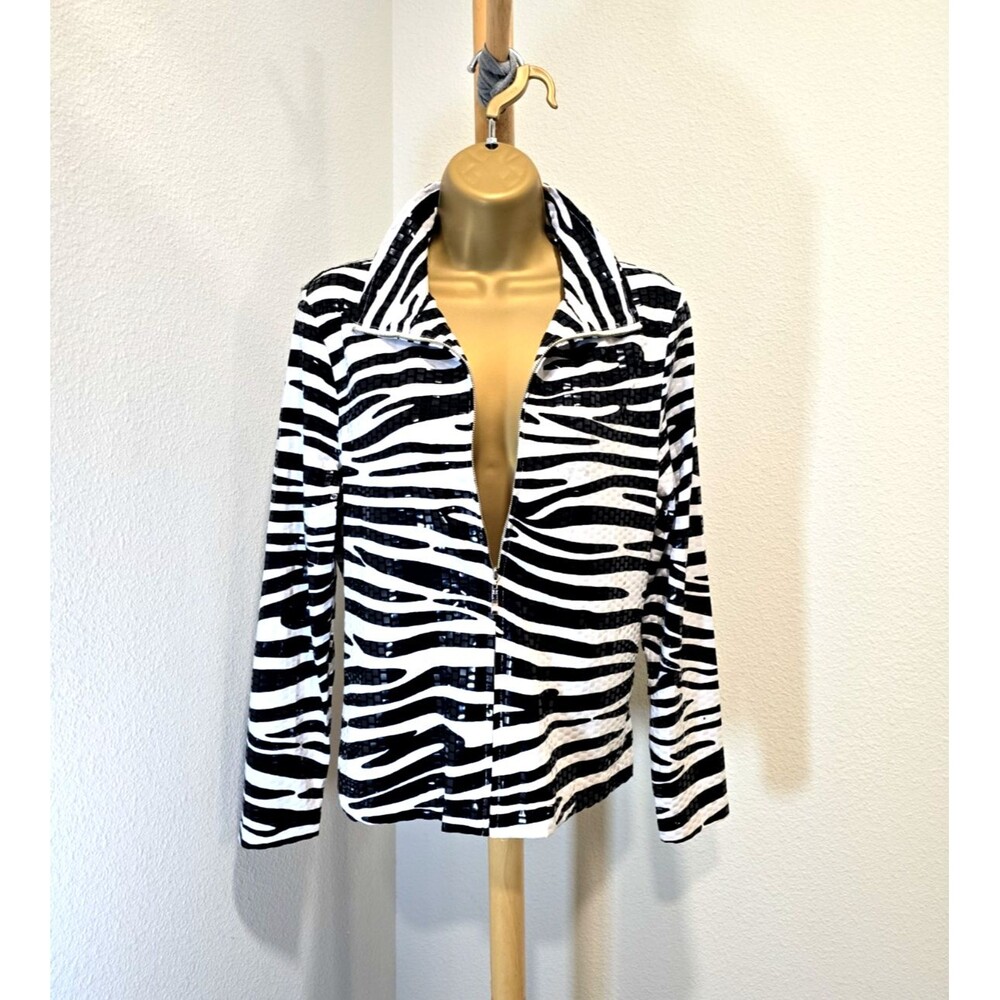 Full Zip Zebra Print Jacket Womens PM Animal Paillettes Collared Office Career